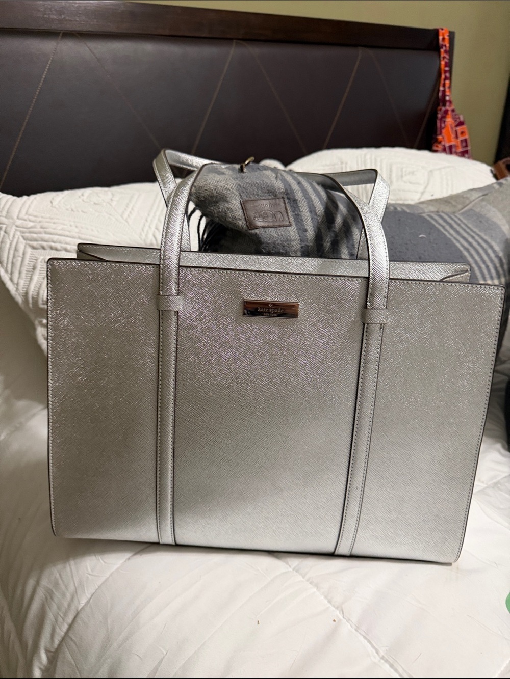 Kate Spade Silver Metallic glitter Tote with Gold Logo Plaque NWT retails $359.